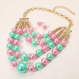 Pink & Green Pearls Multi Layered Necklace Set Chunky Design Statement Jewelry